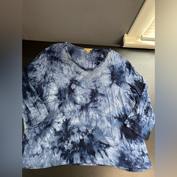Aces Design Women’s XXL Blue Tie Dye Sequin V Neck Top Stretch Hippie Bohemian - Picture 1 of 11